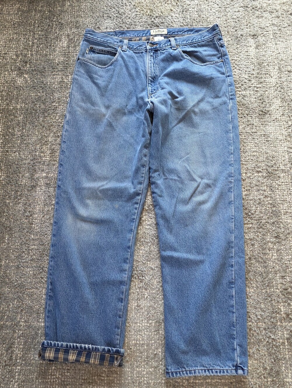 L.L. Bean Mens Jeans 38x32 plaid Flannel Lined classic Fit Distressed Workwear